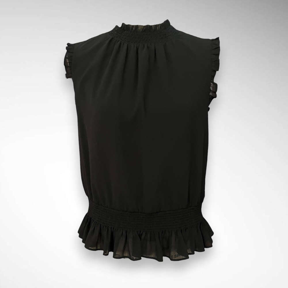 J. CREW Women's Black Sleeveless Ruffle Neck Elastic Waist Top Size 8 | EUC